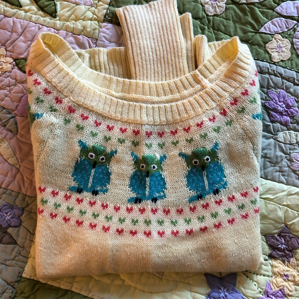 Lux Intarsia Owl Fair Isle Knit Boat Neck Sweater
